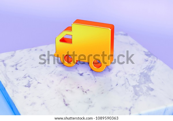 Golden Truck Symbol on Blue Background With\
Marble. 3D Illustration of Golden Buy, E-Commerce, Shipping, Speed,\
Icon Set in the Blue\
Light.