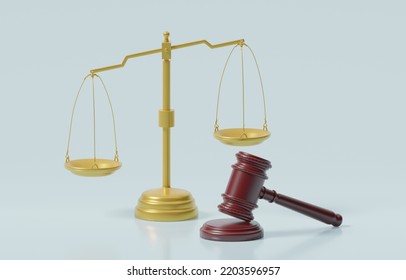 Golden Unbalanced Justice Scales With Judge Hammer, Unfair Judgment, Exercising Influence Over The Law, 3d Render Illustration. 