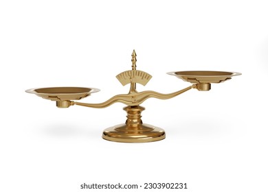 Golden uneven balance scales isolated on white background. 3d illustration.