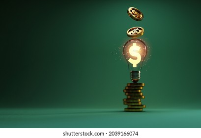 Golden US Dollar Sign Glowing Inside Transparent Lightbulb With Coins Stacking And Dropping For Creative Thinking Idea And Problem Solving Can Make More Money By 3d Rendering Technique.