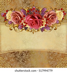 Golden Vintage Background Flower Garlands Pastel Stock Illustration ...