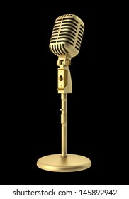 golden vintage microphone isolated on black background