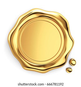 Golden wax seal on white background, 3d illustration