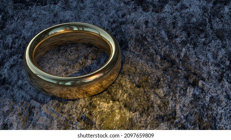 A Golden Wedding Ring Lies On The Gray, Dirty Ground Under The Yellow Glow. A Yellow Ray Shines On A Beautiful Piece Of Jewelry That Has Been Lost. 3D Rendering.