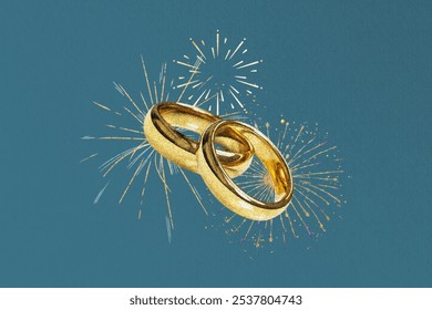 Golden wedding rings on a blue background with fireworks. Rings symbolize love, commitment, and marriage. Perfect for wedding, love, and celebration blue background themes. - Powered by Shutterstock