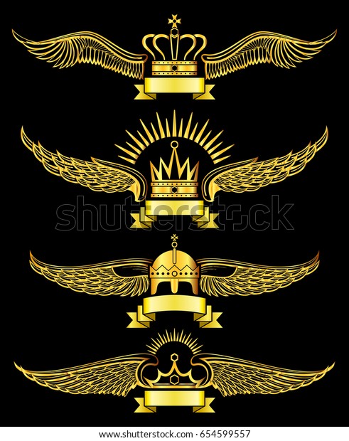 Golden wing crowns and ribbon royal logo\
set. Gold crown with wings\
illustration