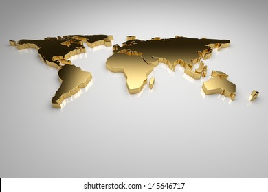 Golden world map on gray background, 3d render