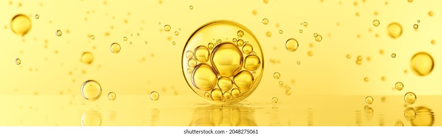 Golden Yellow Bubbles Oil Or Collagen Serum For Cosmetic Product, 3d Rendering.