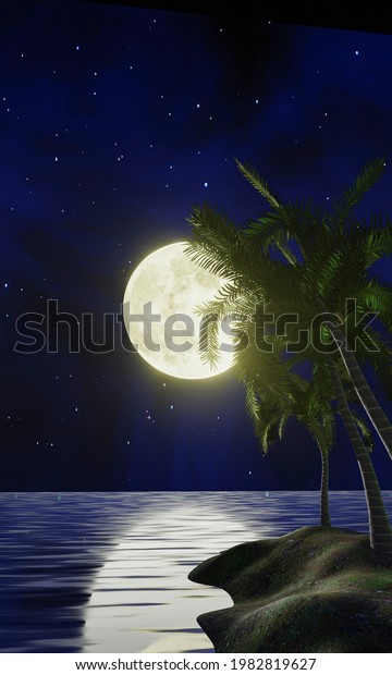 The golden yellow full moon is reflected in the\
sea. A wave of water from the ocean to island. The sky has many\
stars. Ripples on the sea at night. there are coconut trees on the\
island. 3D Rendering