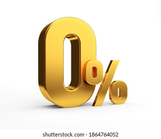 Golden zero percent or 0 % special Offer. Isolated over white background. 3D rendering. 3D illustration.