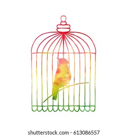 Goldfinch in a cage drawing by blue watercolor, hand painted bird silhouette