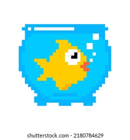 Goldfish In Aquarium Pixel Art Isolated. Gold Fish 8bit Sea Animal. Ocean Character 8 Bit