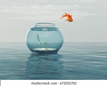Goldfish in a bowl jumping in the sea. This is a 3d render illustration