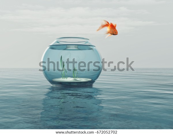 金魚鉢の中の金魚が海で飛び跳ねる これは3dレンダリングイラストです のイラスト素材