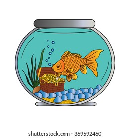 Goldfish In Fish Bowl With Treasure Chest