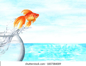 Goldfish. Gold Fish Jump Out Of A Round Glass Bowl Into The Sea. Concept Of Improving Conditions And Gaining Freedom. Watercolor Hand Drawn Illustration With Copy Space