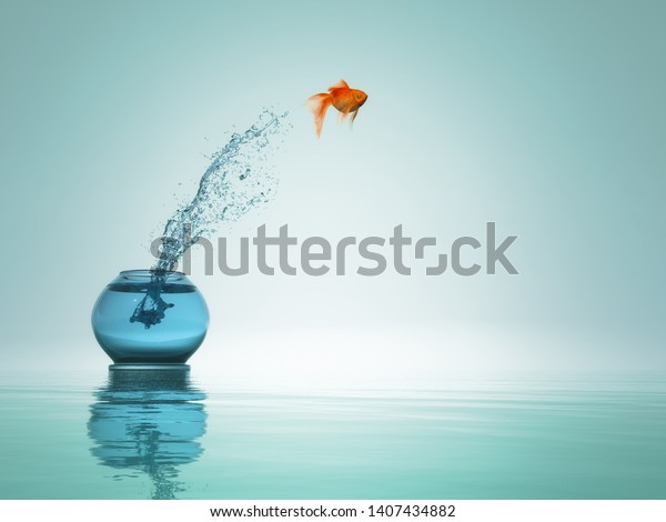 goldfish jump from bowl to the sea. This a\
3d render\
illustration