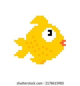 Goldfish Pixel Art. Gold Fish 8 Bit Sea Animal. Ocean Character 8bit 