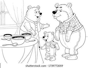 Goldilocks and the three bears. Fairy tale. Illustration for children. Coloring page. Coloring book. Cute and funny cartoon characters 