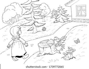 Goldilocks and the three bears. Fairy tale. Illustration for children. Coloring page. Coloring book. Cute and funny cartoon characters 