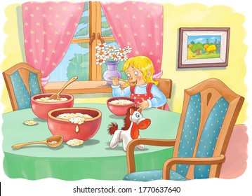  
Goldilocks and the three bears. Fairy tale.  One picture from series. Coloring book. Educational book. Illustration for children. Cute and funny cartoon characters