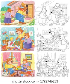 Goldilocks and the three bears. Fairy tale.  Collection of 9 illustrations. Coloring book. Illustration for children. Cute and funny cartoon characters
