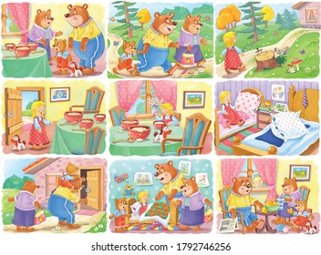 Goldilocks and the three bears. Fairy tale.  Collection of 16 illustrations. Coloring book. Illustration for children. Cute and funny cartoon characters
