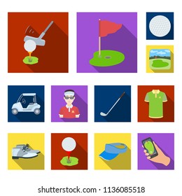 Golf and attributes flat icons in set collection for design.Golf Club and equipment bitmap symbol stock web illustration.