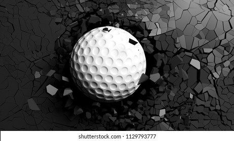  Golf Ball Breaking With Great Force Through A Black Wall. 3d Illustration.