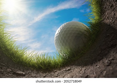 Golf ball is falling into hole. View from inside of hole. 3D illustration.