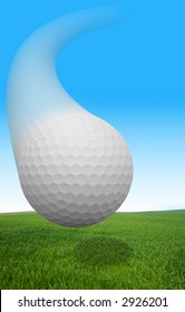 A Golf Ball Flying Over Grass.