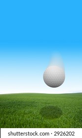 A Golf Ball Flying Over Grass.