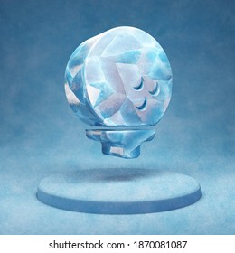 Golf Ball icon. Cracked blue Ice Golf Ball symbol on blue snow podium. Social Media Icon for website, presentation, design template element. 3D render.