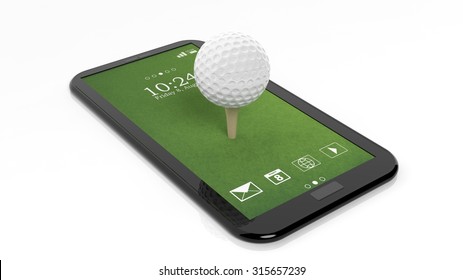 Golf Ball On Green Tablet Screen,isolated On White Background