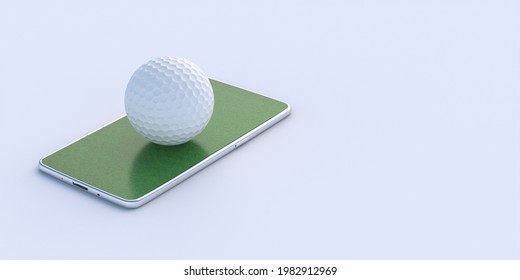 Golf ball on mobile phone isolated on white background. Smartphone digital app and golf advertising template concept. Technology online watch sports, play. 3d illustration