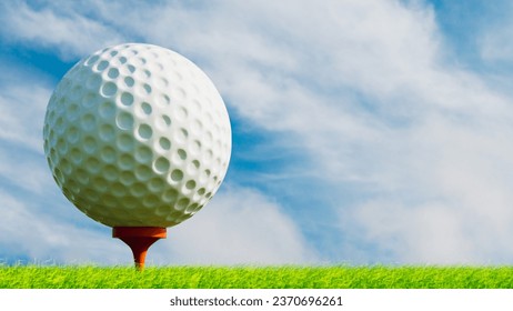 Golf ball on orange stand on short grass ground with blue sky with clouds, 3d illustration, horizontal image - Powered by Shutterstock