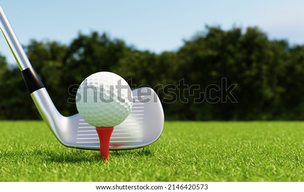 Golf ball on\
tee and golf club with fairway green background. Sport and athletic\
concept. 3D illustration\
rendering