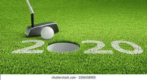 Golf ball putting Year 2020 - 3D illustration