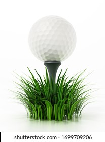 Golf Ball Standing On Tee Among Grasses. 3D Illustration.