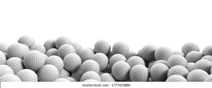 Golf balls pile on white background, banner, close up view, copy space. Golfing training, sport game concept. 3d illustration