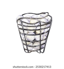 a golf basket filled with balls, watercolor hand drawn illustration for sports-themed designs, golf merchandise, tournament posters, club promotions, and event materials, for digital and print project - Powered by Shutterstock