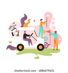 Golf cart driver sitting in car, male characters with club, flag, illustration. Golf equipment, summertime outdoor sports activities concept for web banner, website page etc. - Powered by Shutterstock