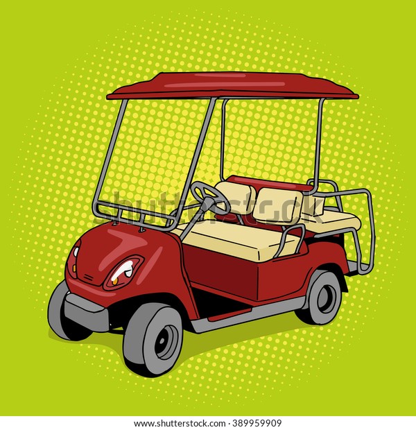 Golf cart pop art style raster illustration.\
Hand drawn doodle.  Comic book style imitation. Vintage retro\
style. Conceptual\
illustration