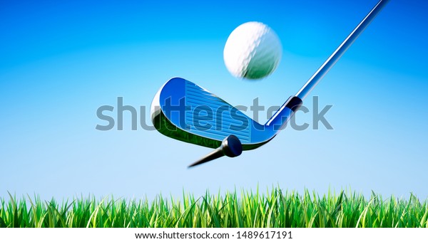 Golf club hits a golf ball off its tee on a\
blue sky background - 3D\
illustration