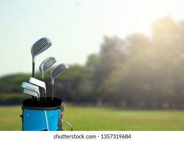 Golf clubs in a bag and beautiful scenery of golf course background, Concept image for outdoor sport and recreation with copy space for text and advertisement, 3D rendering - Powered by Shutterstock