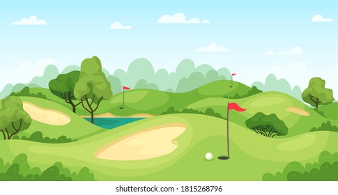 Golf course. Green landscape with flags and sand ground, golf cart on lawn, course for tournament game golf, cartoon  background - Powered by Shutterstock