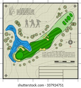 Golf Course Layout. Abstract Design Stylized Blueprint Technical Drawing Background