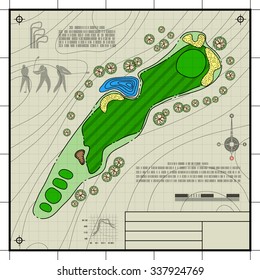 Golf Course Layout. Abstract Design Stylized Blueprint Technical Drawing Background