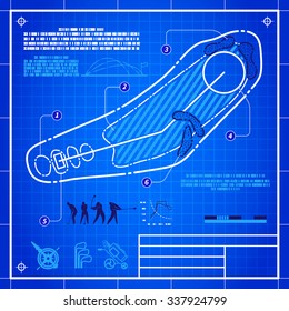 Golf Course Layout. Abstract Design Stylized Blueprint Technical Drawing. White Symbol On Blue Grid Background