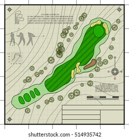 Golf Course Layout. Abstract Design Stylized Blueprint Technical Raster Drawing Background